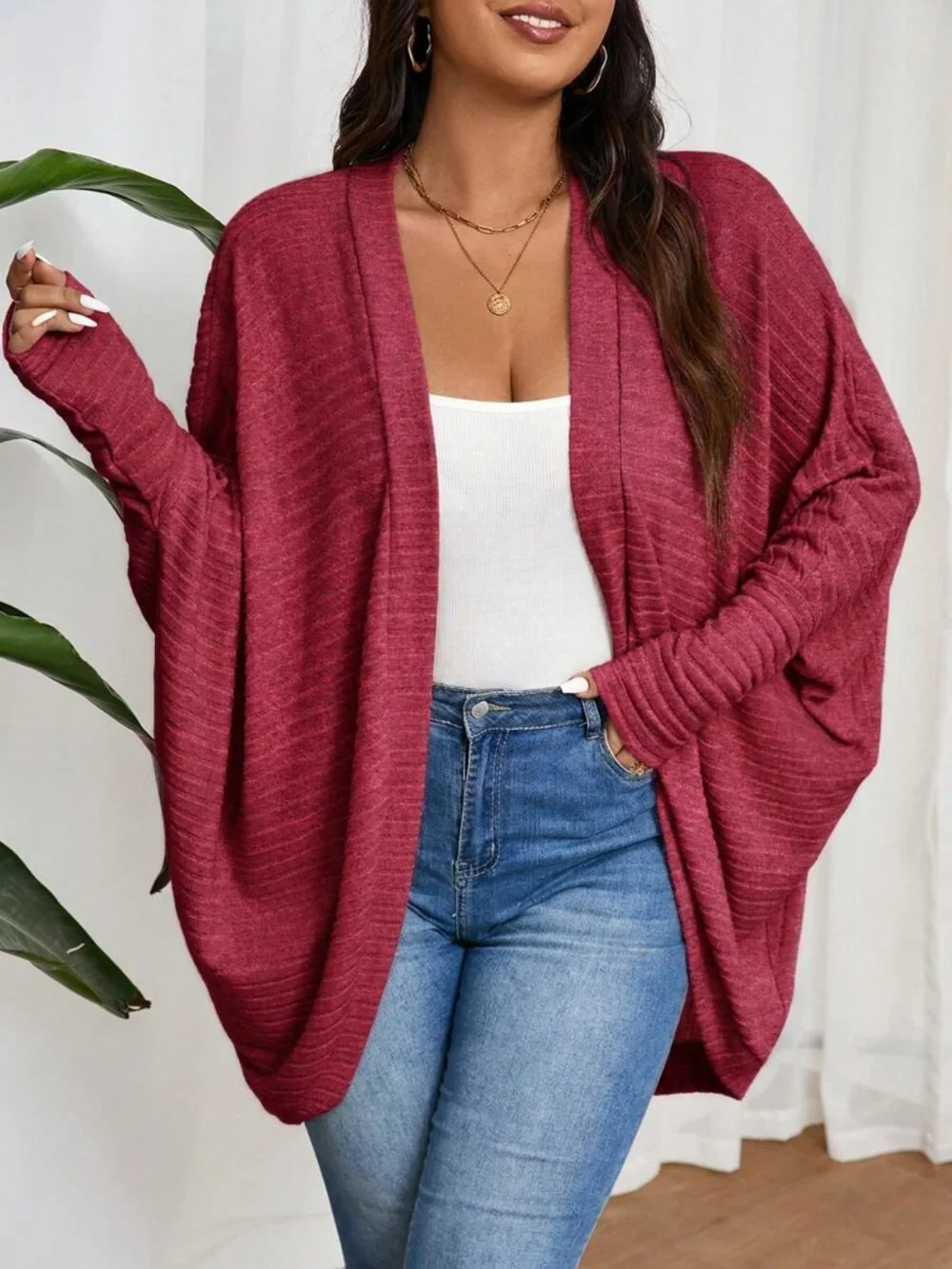 Burgundy Casual Women's Plus Size Loose Ribbed Brushed Knit Cardigan Jacket